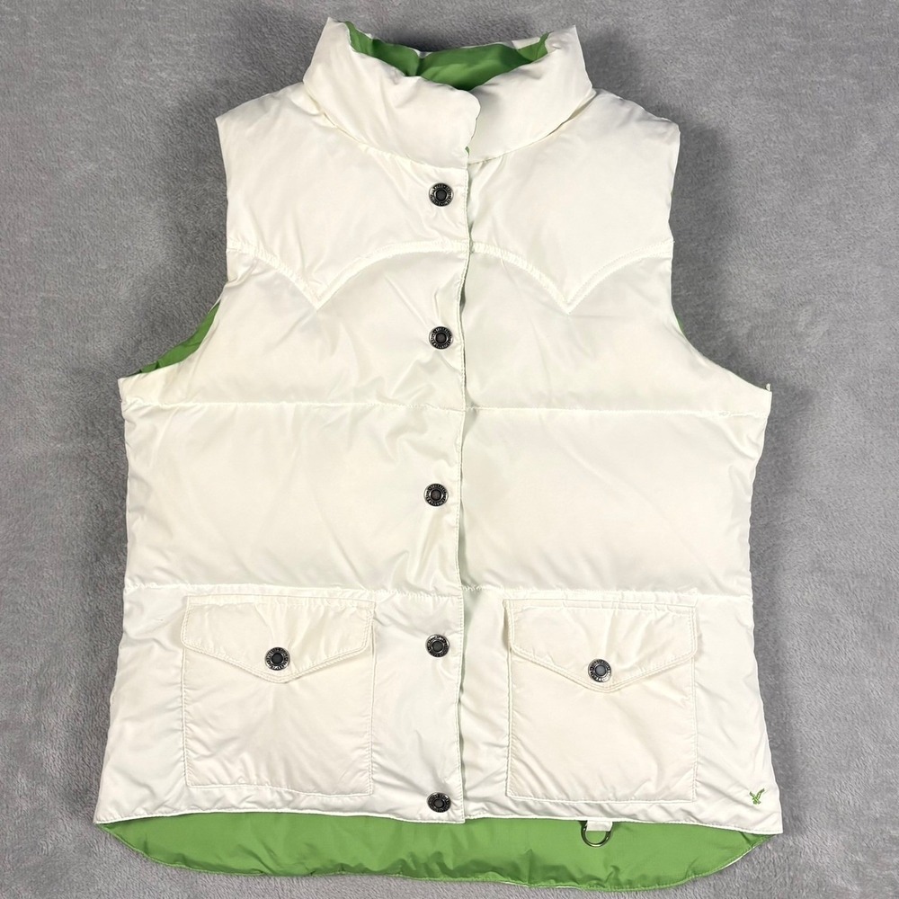 American Eagle Reversible Down Puffer Vest Green Cream Women's S Y2K AE Gorpcore